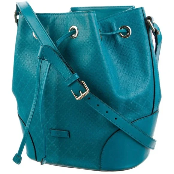 *BUY NOW* Item. Gucci Bright Turquoise Diamante Leather Bucket Bag Gold Hardware - Picture 3 of 11